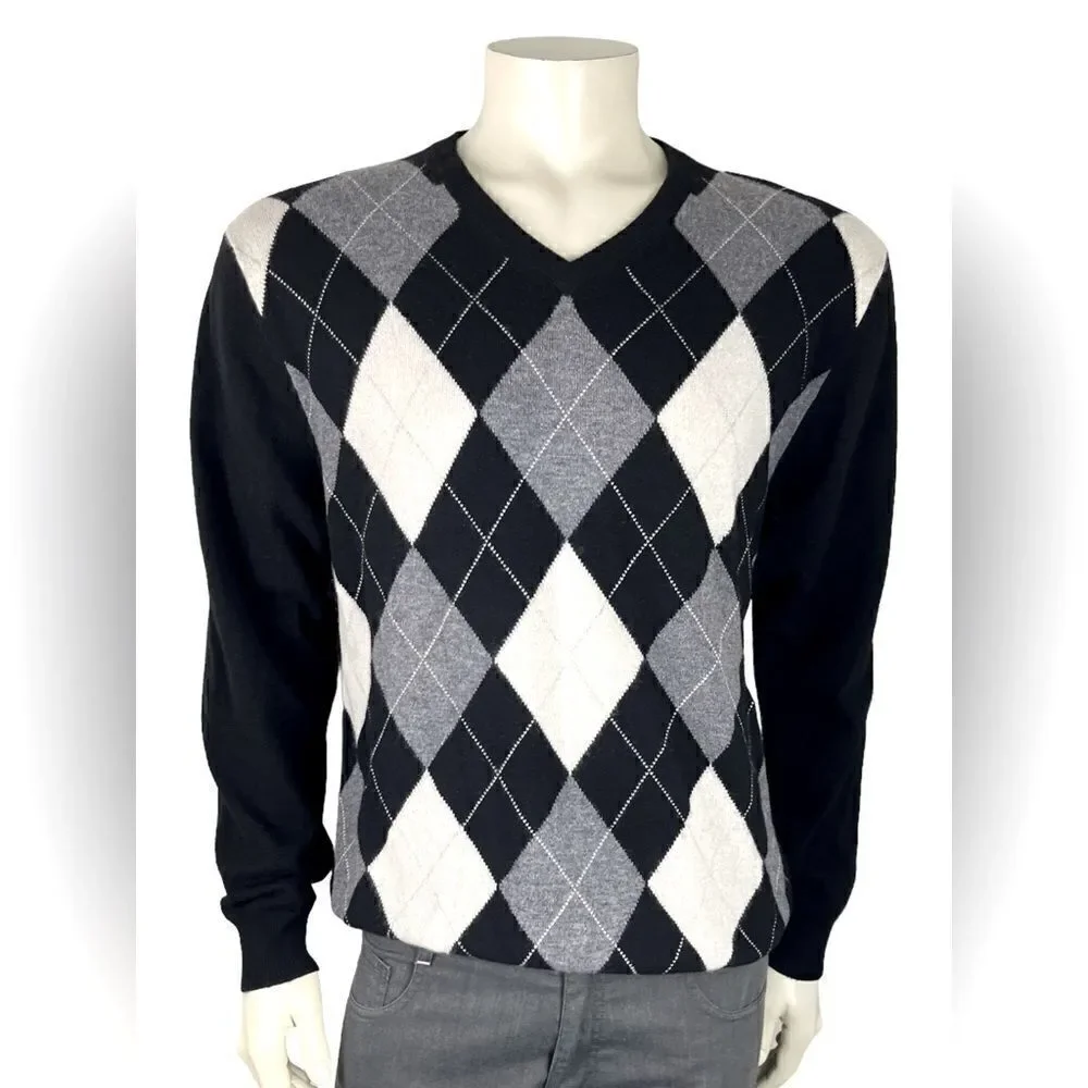 Alan Flusser V-Neck Argyle Sweater 100% Cashmere Size L Like New Condition